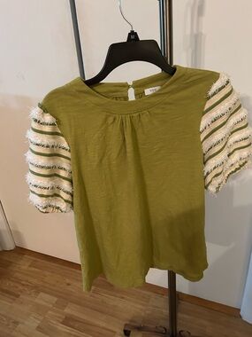 VOY Olive Green Short-Sleeve Top with Striped Puff Sleeves